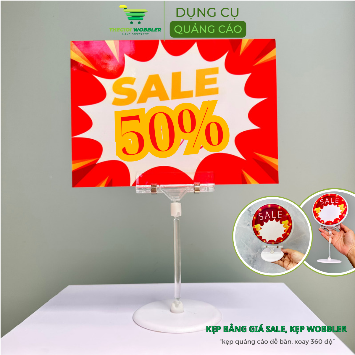 Kẹp bảng giá sale, kẹp wobbler, kẹp thẻ giá siêu thị, kẹp quảng cáo Thegioi Wobbler xoay 360 độ, đa năng kẹp được nhiều loại bảng giá khác nhau (5)