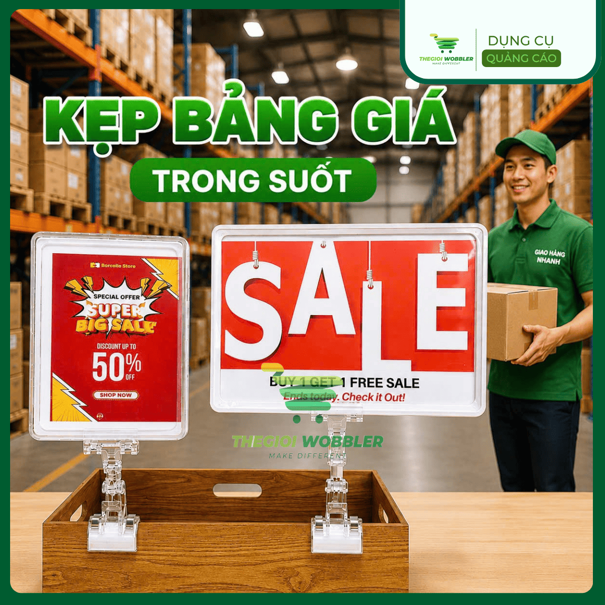 2_Kẹp bảng giá siêu thị, kẹp quảng cáo, kẹp giá sale Thegioi Wobbler, xoay 360 độ, màu trong suốt