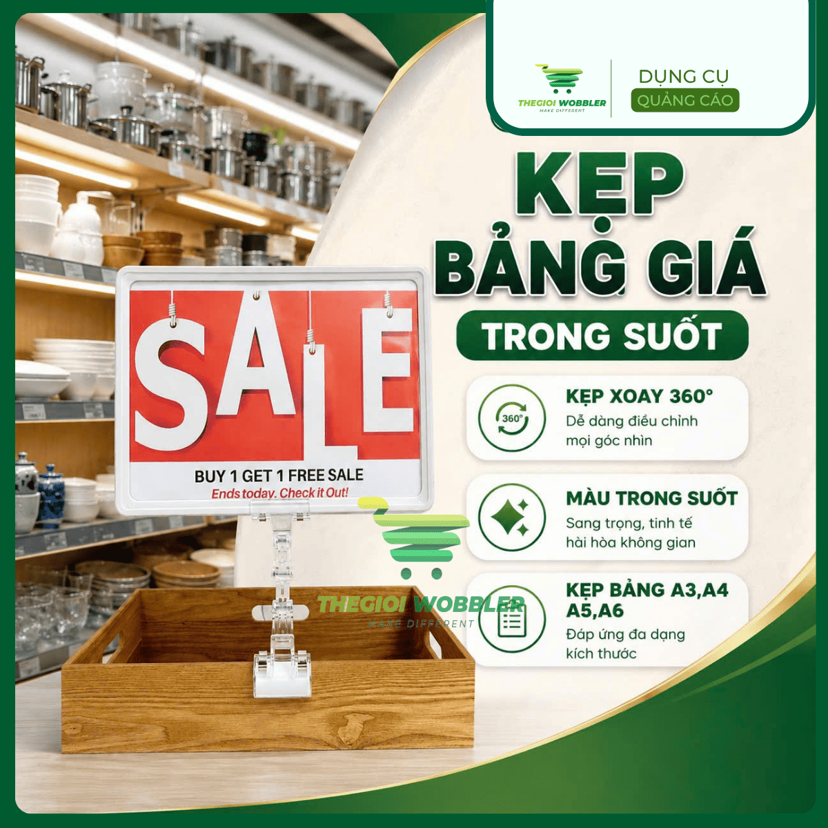 4_Kẹp bảng giá siêu thị, kẹp quảng cáo, kẹp giá sale Thegioi Wobbler, xoay 360 độ, màu trong suốt