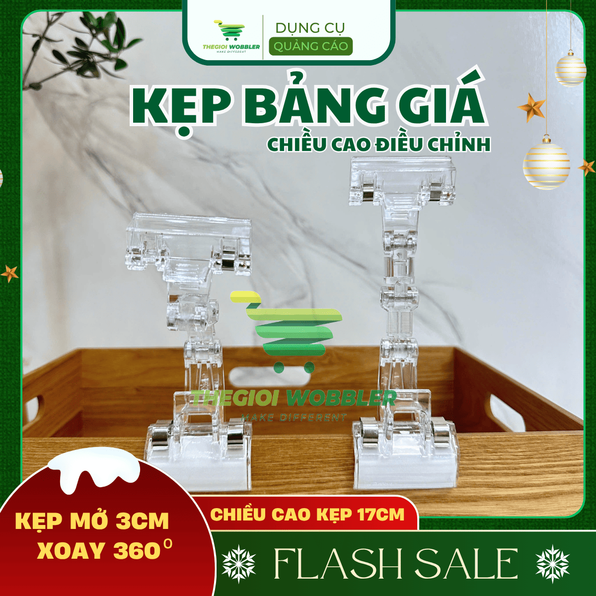 7_Kẹp bảng giá siêu thị, kẹp quảng cáo, kẹp giá sale Thegioi Wobbler, xoay 360 độ, màu trong suốt